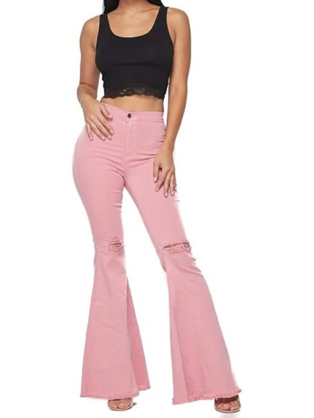 Fashion Nova Flare Jeans Bell-Bottom Women Size 9 Pink Distressed Knees Fringe H